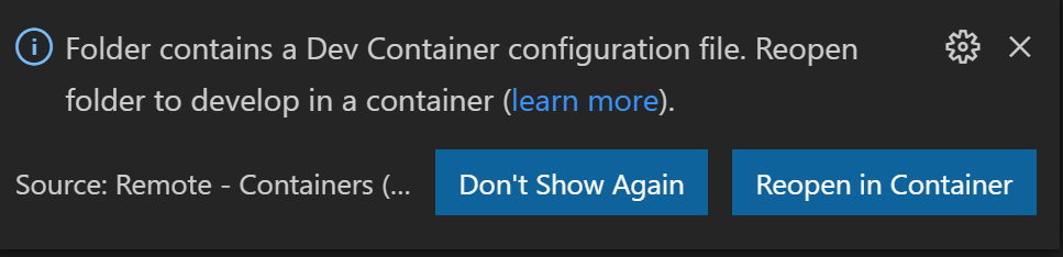 Screenshot of reopening an application in the dev container
